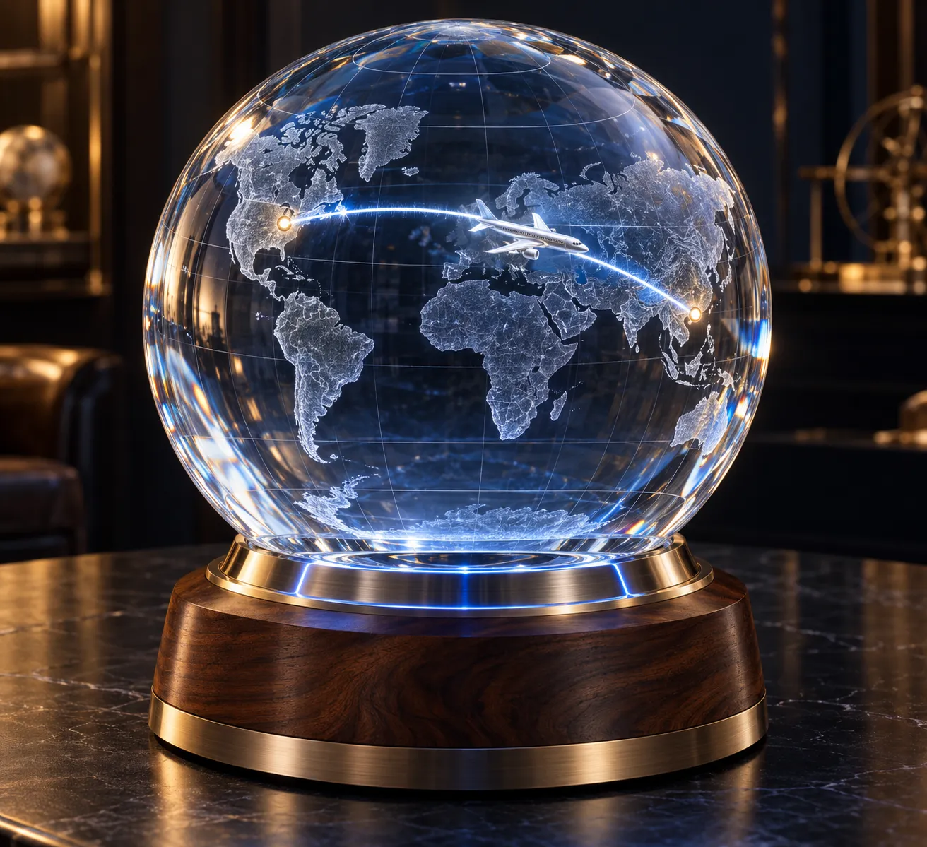 Crystal globe etched with a world map and long-haul route on a walnut base