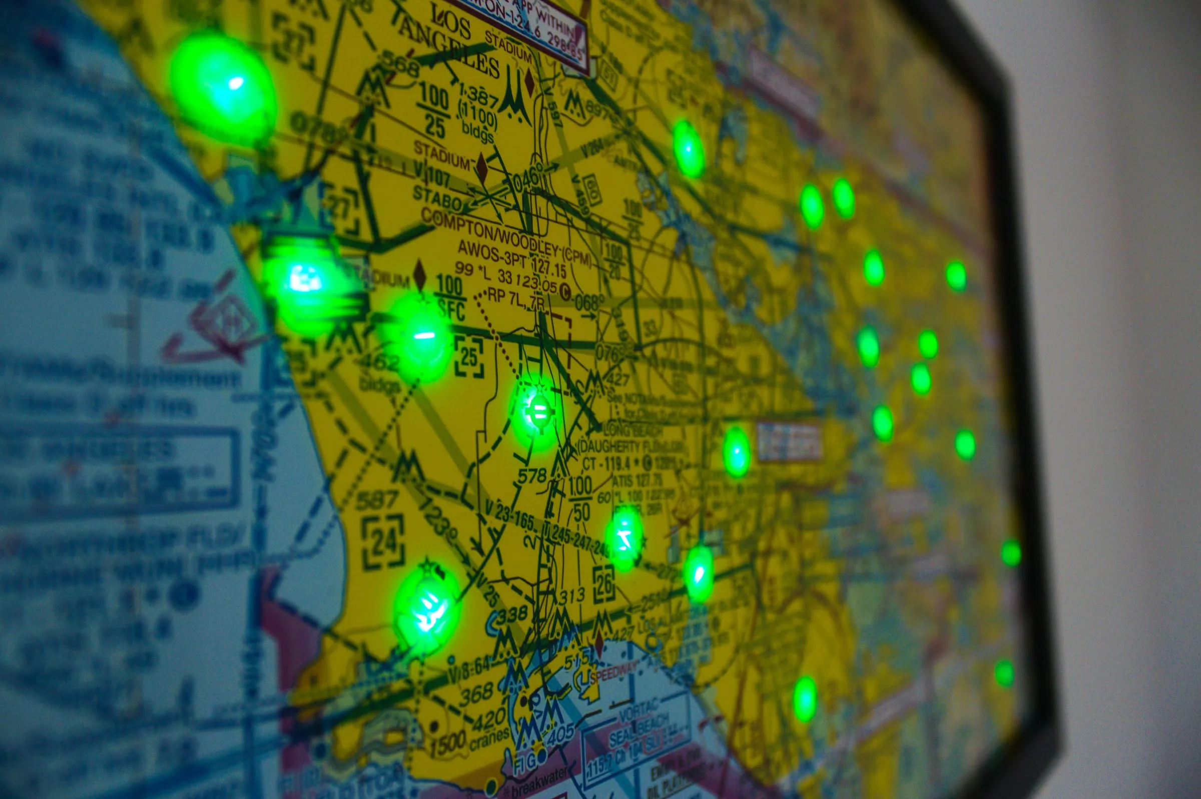 LED sectional chart of Los Angeles with green VFR airport lights
