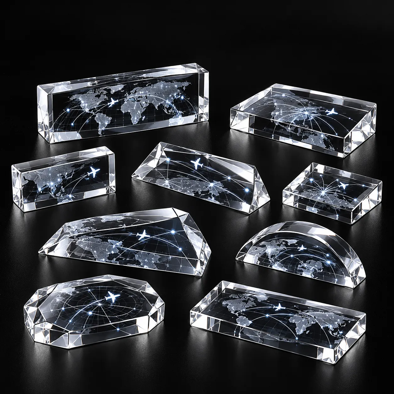 A range of faceted and shaped crystals etched with flight routes